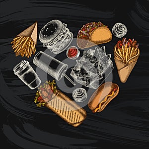 Street food heart vintage design. Hand drawn sauces, nachos, soda, gyros, burger, taco, shawarma, french fries, hot dog