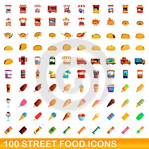 100 street food icons set, cartoon style