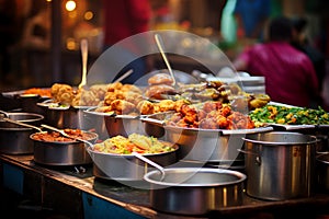 Street food from India, featuring a delectable assortment of samosas, chaat, and pakoras