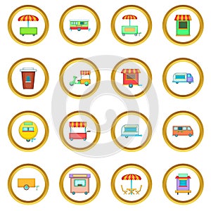 Street food kiosk vehicle icons circle