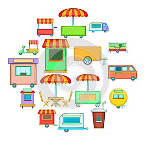 Street food kiosk vehicle icons set, cartoon style