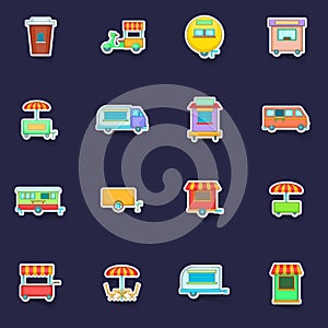 Street food kiosk vehicle icons set vector sticker