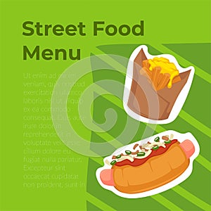 Street food menu, hot dog and grilled potato ads