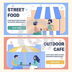Street Food Outdoor Cafe Flat Vector Website.