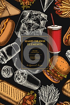 Street food pattern card design. Hand drawn sauces, nachos, soda, gyros, burger, taco, shawarma, french fries, hot dog