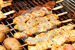 street food. skewers of meat on a skewer, fast food