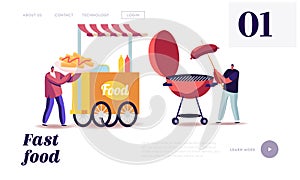 Street Food, Takeaway Junk Meals from Wheeled Food Truck Landing Page Template. Male Friend Characters Eating Streetfood photo