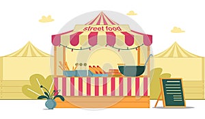 Street Food Tent at City Fair, Bright Cartoon.