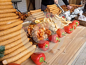 Street food, traditional polish sheep cheese, a lot of oscypki, sausages and shish kebab.