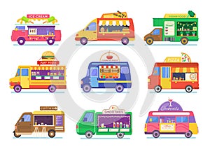 Street food truck set vector illustration, cartoon van selling Chinese streetfood or pizza kebab in market, coffee icons