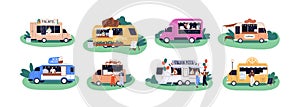 Street food trucks set. Mobile cafe on wheels selling pizza, ice-cream, coffee outdoors. Commercial van, wagon, car with