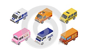 Street food trucks and special service vans, city transport vector Illustration on a white background