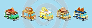 Street Food Trucks and Vehicles Isometric Icons Vector Set