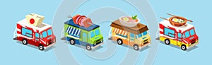 Street Food Trucks and Vehicles Isometric Icons Vector Set