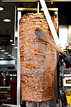 About street food in Turkey doner kebab is always preferable, meat doner kebab in a restaurant in Turkey Istanbul