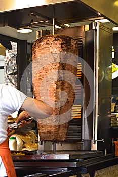 About street food in Turkey doner kebab is always preferable, meat doner kebab in a restaurant in Turkey Istanbul