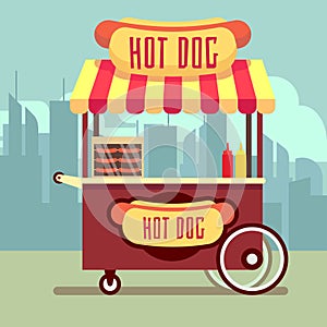 Street food vending cart with hot dogs vector illustration