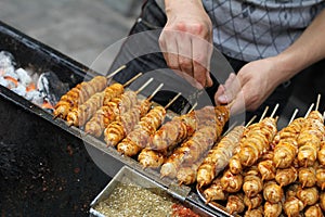 Street food vendor seasoning tofu kebabs