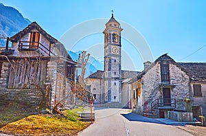 The bell tower of Frasco church, Valle Verzasca, Switzerland photo