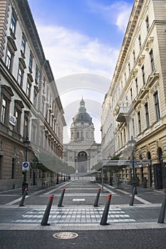 Street in front of St. Stephen's Cathedral in Budapest, Hungary