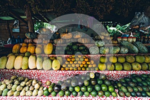 Street fruit and vegetable market-Fresh seasonal fruits and vegetables