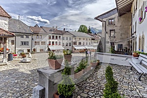 Street in Gruyeres village, Fribourg, Switzerland photo