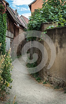 Street with half-timbered medieval houses in