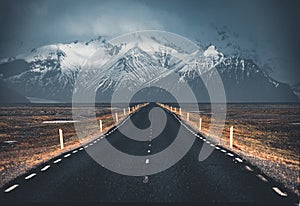 Street Highway Ring road No.1 in Iceland, with view towards mountain. Southern side if the country.