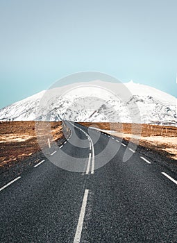 Street Highway Ring road No.1 in Iceland, with view towards mountain. Southern side if the country.