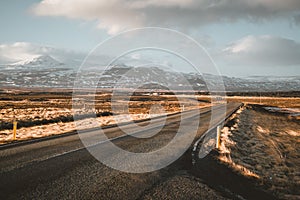 Street Highway Ring road No.1 in Iceland, with view towards mountain. Southern side if the country.