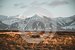 Street Highway Ring road No.1 in Iceland, with view towards mountain. Southern side if the country.