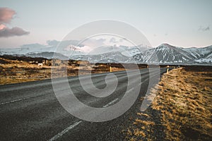 Street Highway Ring road No.1 in Iceland, with view towards mountain. Southern side if the country.