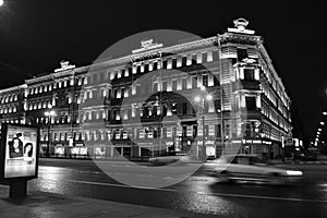 Street with historic building with lighting