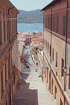 Street in historic centre of medieval town. Portoferraio, Elba Island, Italy