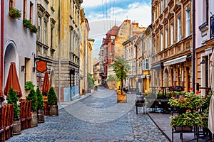 A street in historical Old town of Lviv, Ukraine