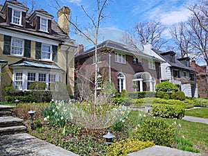 Homes with front yards with spring flowers