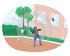 Street hooligan, vandal, burglar breaking window glass in house, damaging property, flat vector illustration. Vandalism.