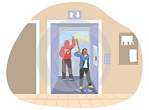 Street hooligans, vandals, graffiti painters damaging elevator public property, flat vector illustration. Vandalism.