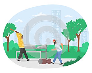 Street hooligans, vandals kicking trash can, breaking bench with bat in city park, flat vector illustration. Vandalism.