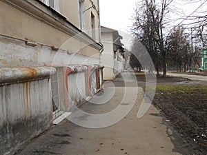 Street with houses and branchy trees in cloudy day.