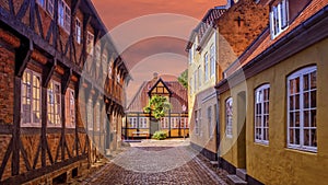 Street and houses in Ribe town, Denmark