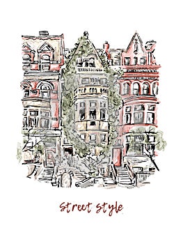 Street houses simple vector illustration. Hand drawn ink sketch of New York street in outline style. Postcards design