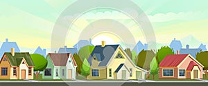 Street with houses in a small rural town. The lights of a sun. Cartoon cheerful flat style. Road. Village. Small cozy