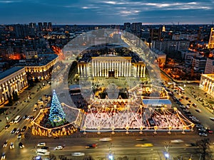 Street illumination during new year celebration in central square of Lenin in Voronezh, Russia, aerial view