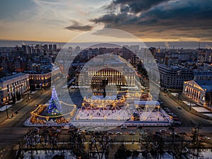 Street illumination during new year celebration in central square of Lenin in Voronezh, Russia, aerial view