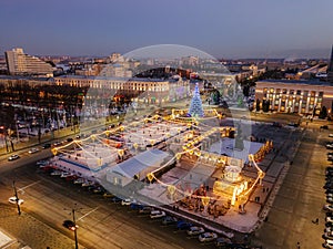 Street illumination during new year celebration in central square of Lenin in Voronezh, Russia, aerial view