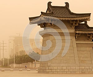 Street of Inchuan city Ningxia, China during sand storm