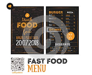 Street junk food festival menu cover design. Festival Design template with hand-drawn graphic elements and lettering