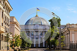 The street in Kiev, on which the Ukrainian parliament is located, Verkhovna Rada, the legislative branch of Ukraine, flag