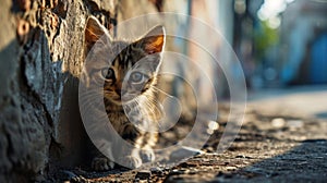 Street Kitten Seeking Shelter in Urban Environment - AI Generated